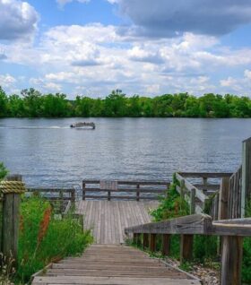 Stairs lead to the Huron River in Ann Arbor's Gallup Park