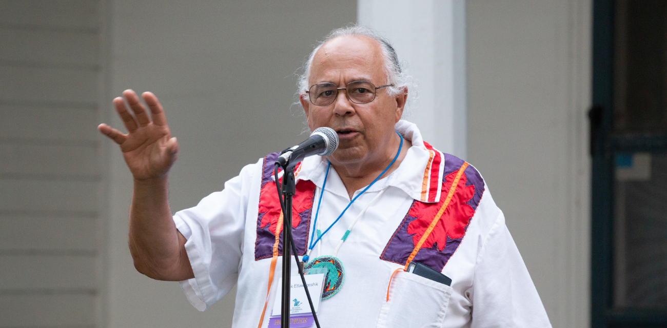 Frank Ettawageshik speaks to the crowd of the 2021 annual event in Dexter