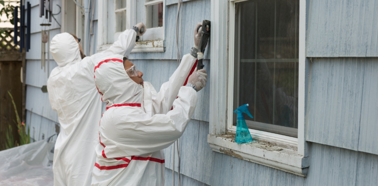 Workers clad in white suits remove lead from the exterior paint of a home. (Photo via Adobe)