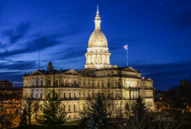 Michigan's Capitol building is lit up in the evening