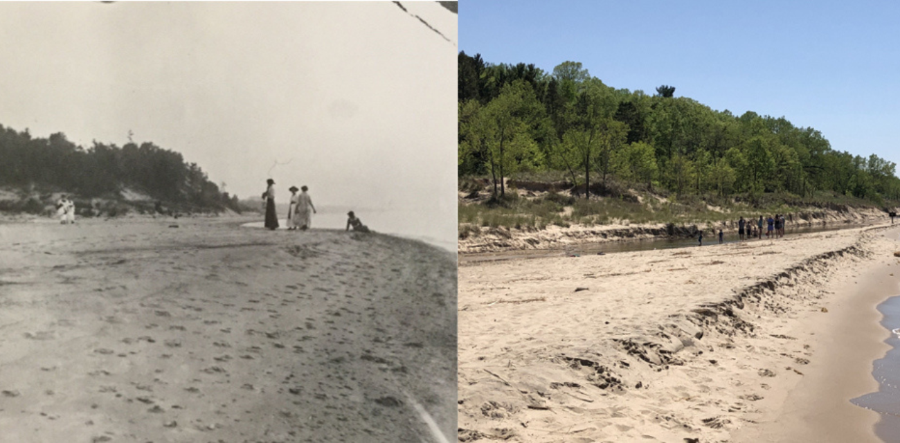 Photos of the exact place at Warren Dunes taken in 1900 and 2019 (Photos courtesy of Archives of Michigan and Kevin McKeehan)