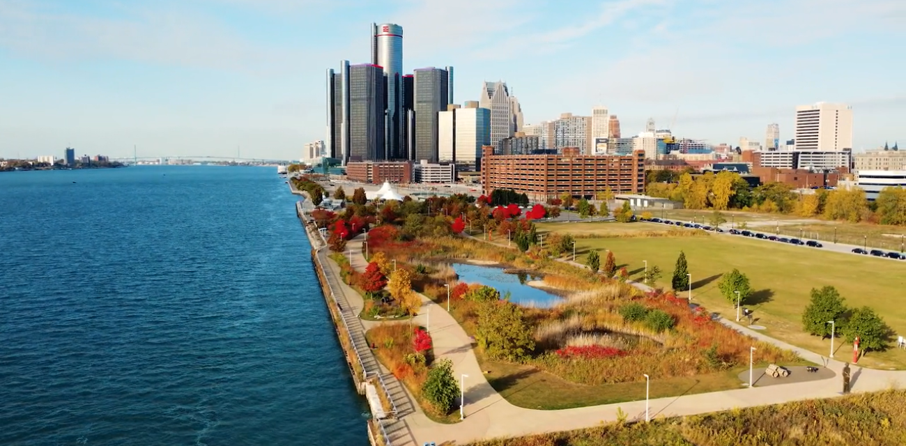 William Milliken Park stands stark against the Detroit River in Detroit (Photo courtesy of Planet Detroit)