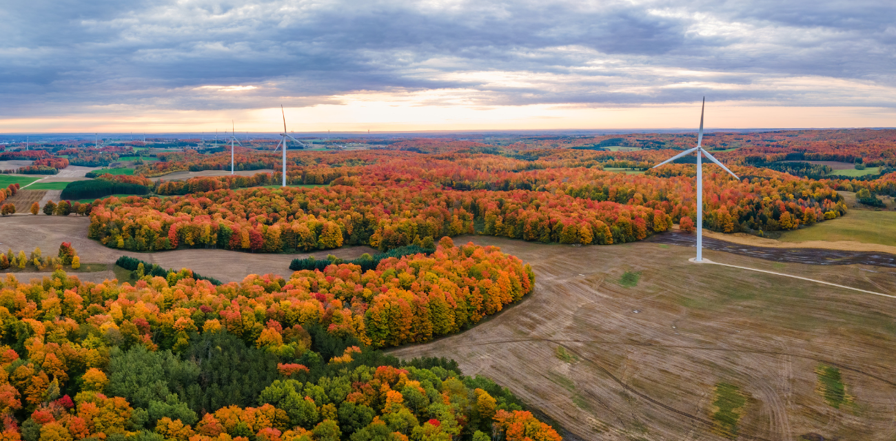 Windmills turn along an autumnal countryside in mid-Michigan