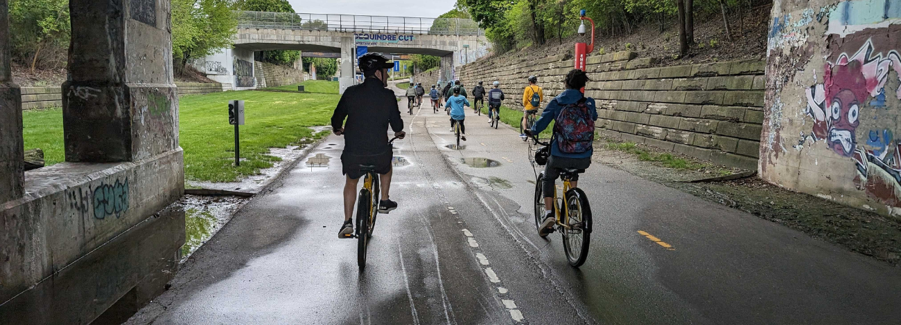 A group of bicylists pictured from behind as they pedal under a graffiti-lined bridge