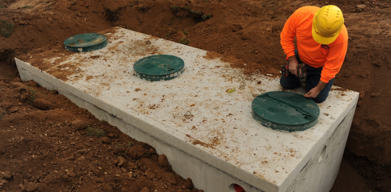 A man installs a septic tank (Photo via Adobe)