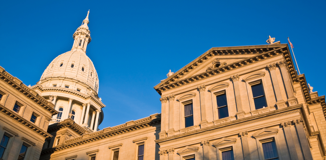 A side view of the state capitol in Lansing.