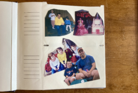 Cutouts of Beau Brockett with his sisters and dad in the mid-2000s line a page in a photobook