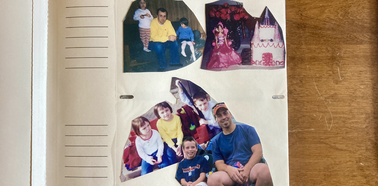 Cutouts of Beau Brockett with his sisters and dad in the mid-2000s line a page in a photobook