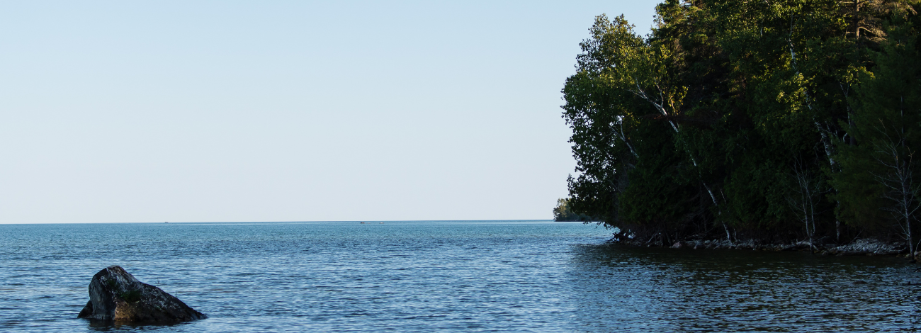 Lake Huron's waters are peaceful and serene on a bright summer day, pictured alongside a tree-dense shoreline