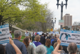 People protest at a 2017 Oil & Water Don't Mix lobby day