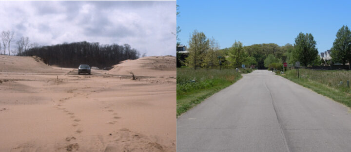 Two views of dunes at Grand Beach (Left: 1987, EGLE; Right: 2019, Kevin McKeehan, Michigan State University.)