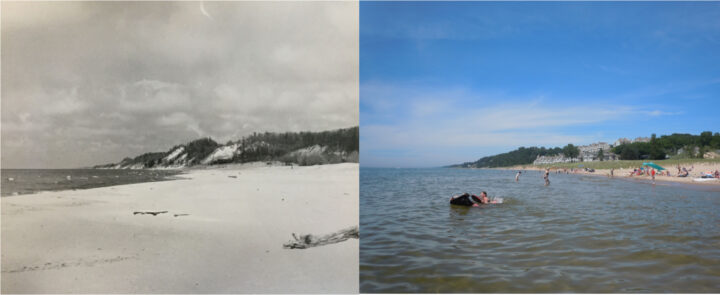 Views of dunes at Holland State Park. (Left: Archives of Michigan, 1958; Right: Kevin McKeehan, Michigan State University, 2019.)