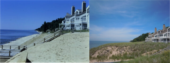 Views of a dune at Ottawa Beach. (Left: Michigan Department of Environment, Great lakes & Energy, 1987; Right: Kevin McKeehan, Michigan State University, 2019.)