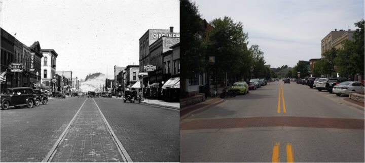 Views of dunes paved over in Grand Haven. (Left: Bentley Historical Society, University of Michigan, 1935; Right: Kevin McKeehan, Michigan State University, 2019.)