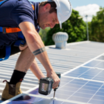 A man installs solar rooftop solar panels on a sunny day