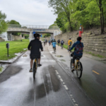 A group of bicylists pictured from behind as they pedal under a graffiti-lined bridge