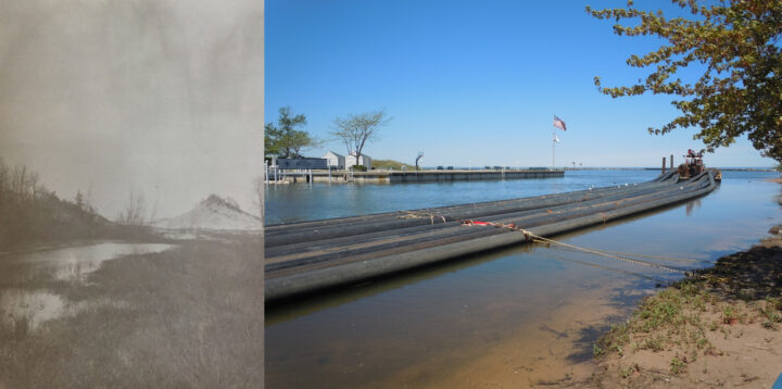 Views of dunes in New Buffalo. (Left: 1902, Archives of Michigan; Right: Kevin McKeehan, Michigan State University.)