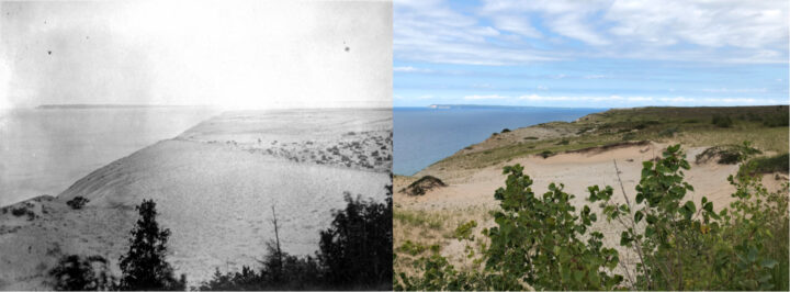 Views of Sleeping Bear Dunes. (Left: Bentley Historical Library, University of Michigan, 1907; Right: Kevin McKeehan, Michigan State University, 2019.)