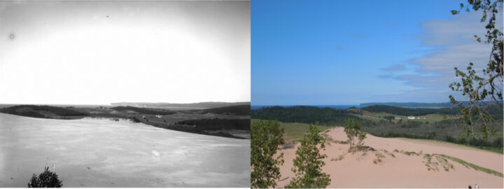 View of dunes from Sleeping Bear Dunes' Day Farm. (Left: University of Chicago, 1917; Right: Kevin McKeehan, Michigan State University, 2019.)