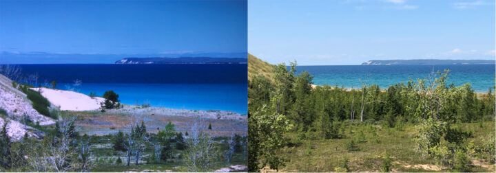 View of dunes from Sleeping Bear Point. (Grace Dickinson, 1987; Kevin McKeehan, Michigan State University, 2019.)