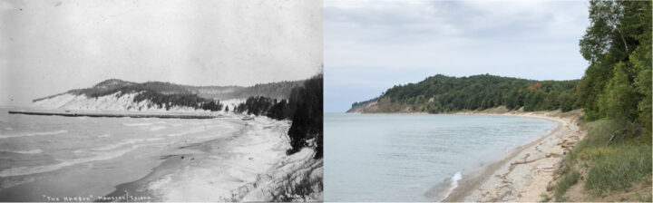 Views of dunes on North Manitou Island. (Left; National Park Service, 1905; Right; Kevin McKeehan, Michigan State University, 2019.)