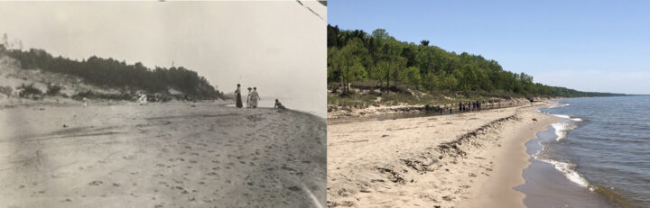 Photos of Warren Dunes at Painterville Drain. (Left: 1900, Norman Asa Wood, Archives of Michigan; 2019, Kevin McKeehan, Michigan State University.)