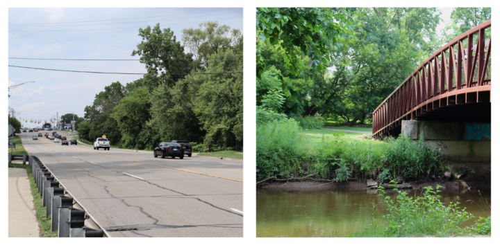 Van Dyke Avenue in Utica, left, gears up for traffic while the Clinton River Heritage Park, right, welcomes visitors a few dozen feet away.