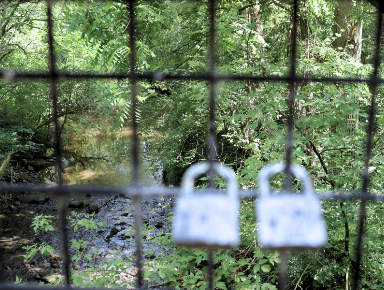 Two locks are hooked on a Macomb Orchard Trail bridge passing over the Coon Creek in Armada.