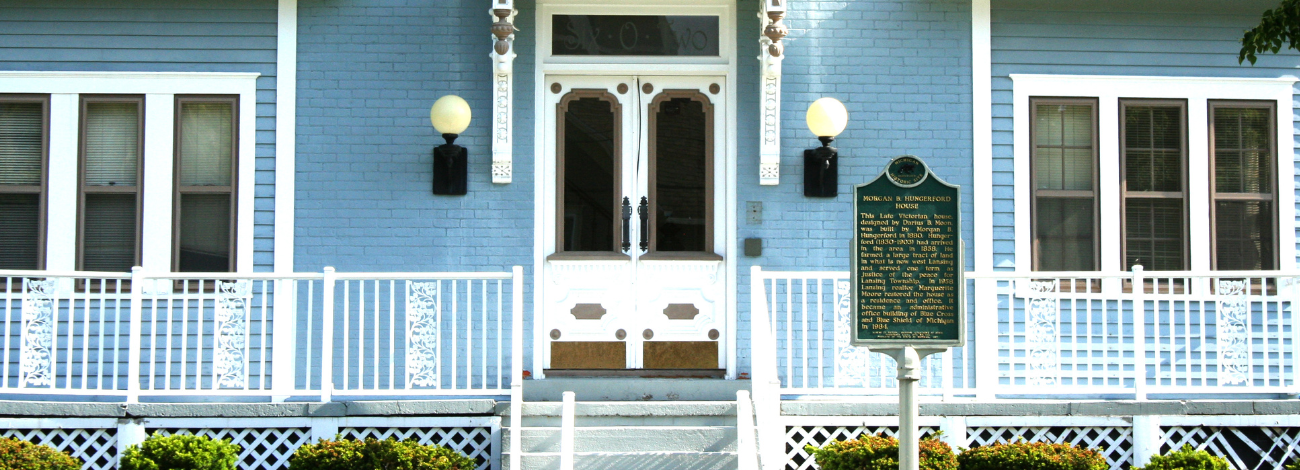 A photo of the front exterior of MEC headquarters in Lansing, the historic Hungerford House