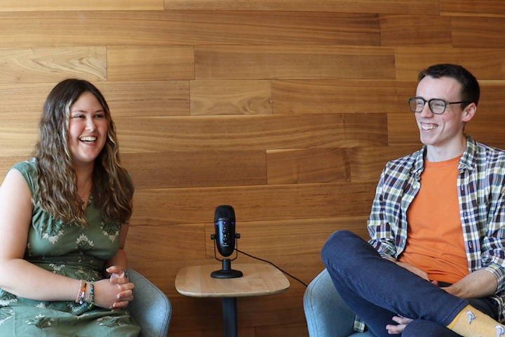 (Left) MEC Communications Manager Beau Brockett sits aside (right) MEC Energy Policy Coordinator Carlee Knott as they record a podcast.