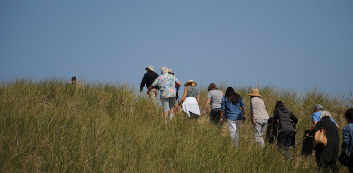 People walk up on a dune crest at Saugatuck's Oval Beach (Photo by Nate Mathewson)