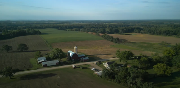 An aerial view of Irwin Farm in rural Washtenaw County shows fields and forest. (Photo courtesy of University of Michigan - Ann Arbor)