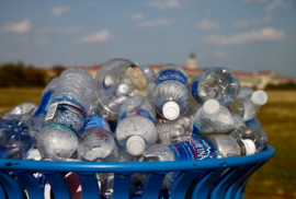 Plastic water bottles nearly overflow a blue trash can.