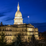 Michigan's Capitol building is lit up in the evening