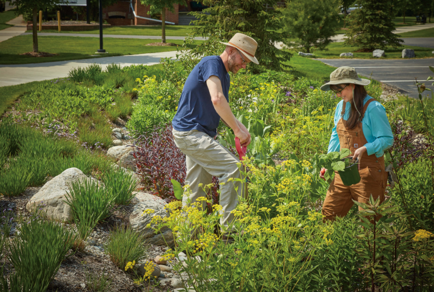 People work in a Tip of the Mitt Watershed Council rain garden (Photo courtesy of Tip of the Mitt Watershed Council)