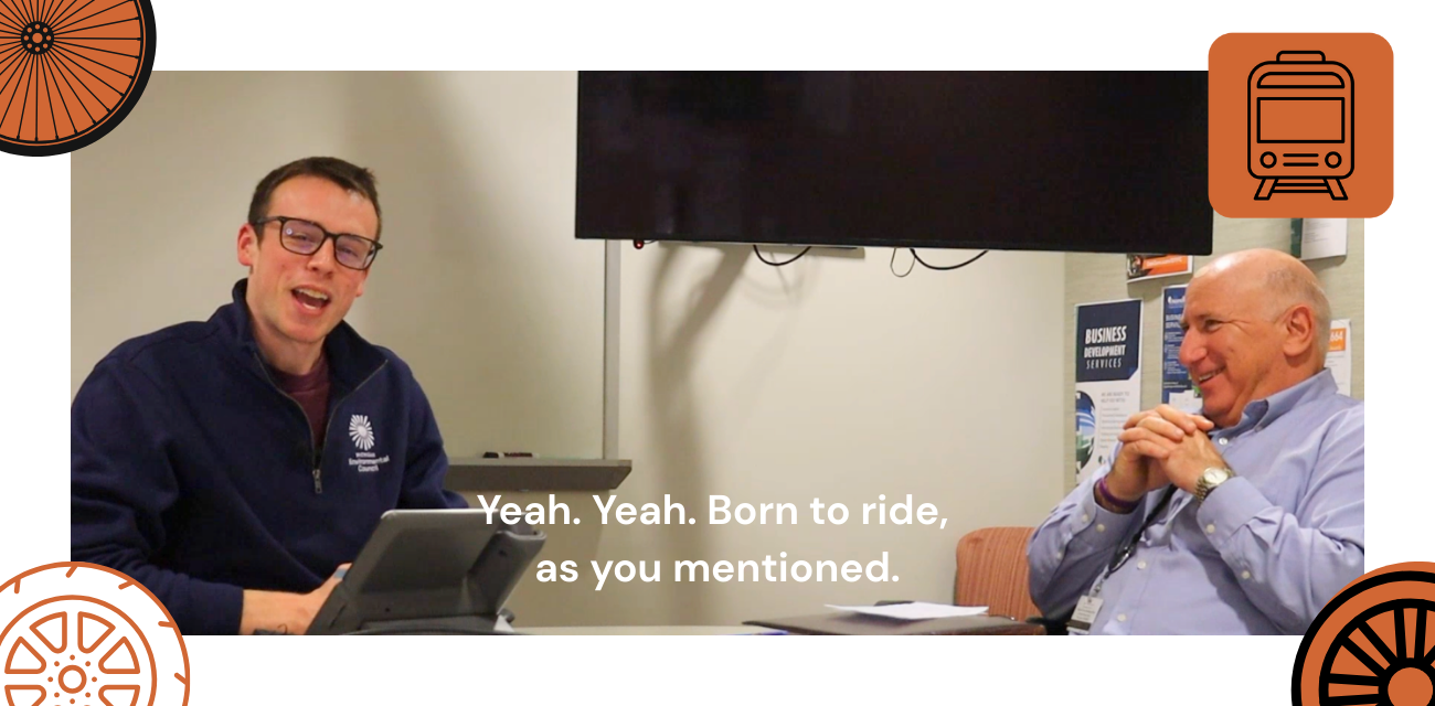 Beau Brockett, left, talks to the camera during a podcast recording while Eli Cooper smiles
