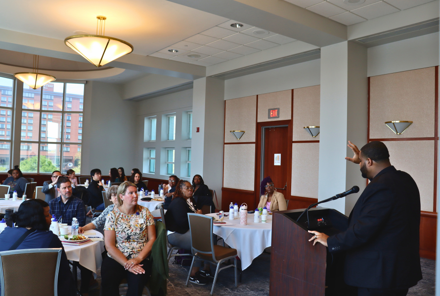 Rep. Donavan McKinney speaks while participants of Lead Education Day 2025 watch on