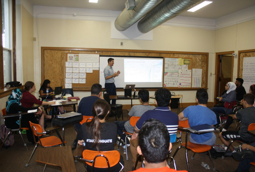Attorney Nick Leonard talks to Dearborn high school students about air quality. (Photo courtesy of University of Michigan - Dearborn)