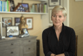 Gov. Granholm listens intently during an interview about the 2025 Milliken Award she will receive