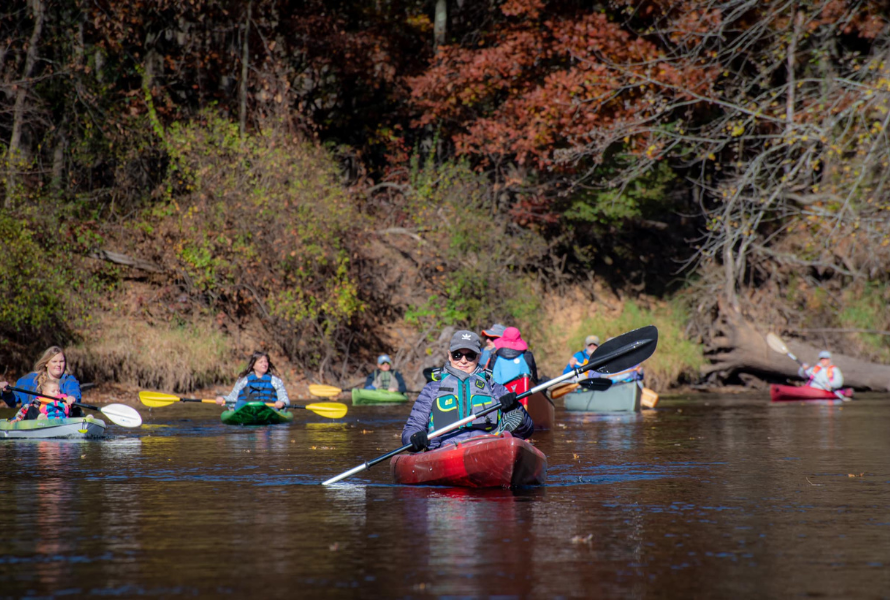 People paddle from Ft. Custer Recreation Area to Galesburg on the Kalamazoo River. (Photo courtesy of the Kalamazoo River Watershed Council)