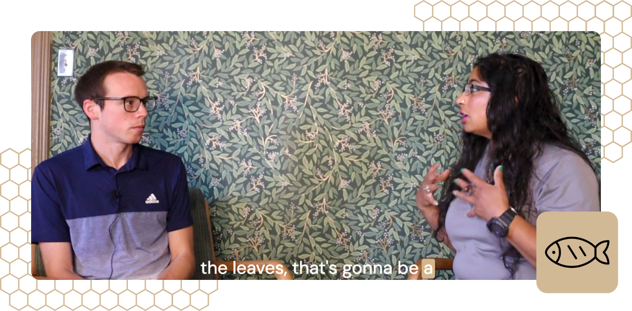 Shikha Singh, right, talks to Beau Brockett about invasive species during a podcast episode.