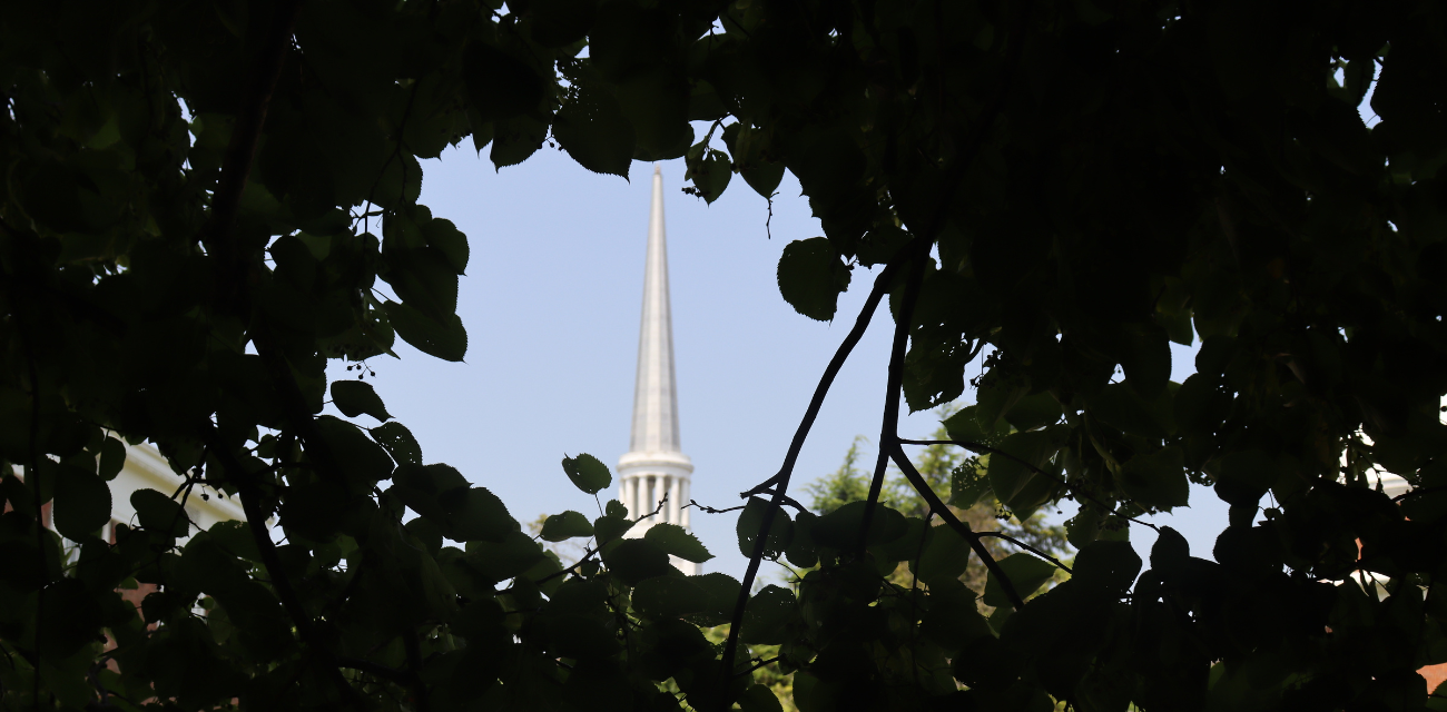 Tree leaves circle the spire of a church at Albion College.