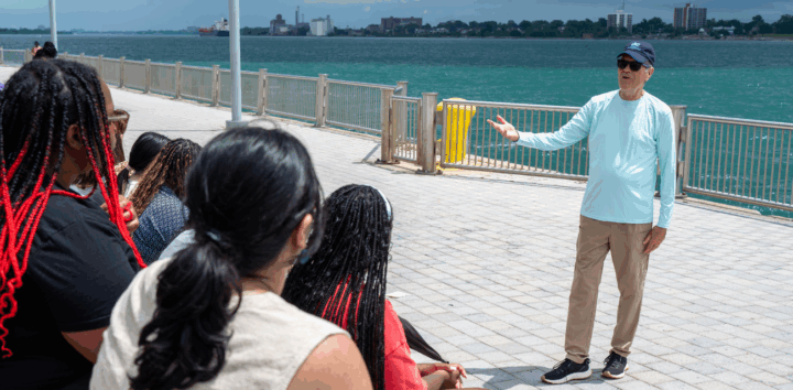 John Hartig speaks to journalists during a camp by The Detroit Writing Room. (Photo by Ella Miller for The Detroit Writing Room.)