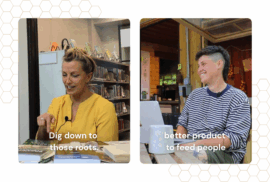 Merry Clark, left, points to her book while Brittney Rooney smiles during two separate podcast filmings.