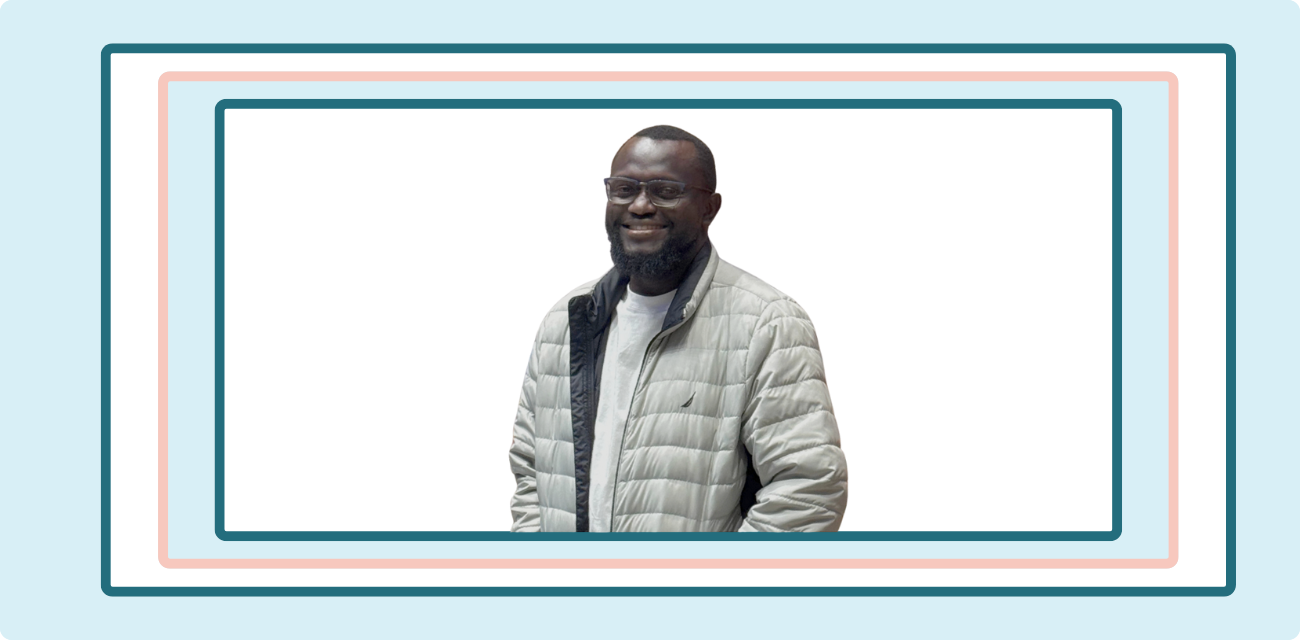 A headshot of Adedamola Adenekan is incorporated into a graphic design featuring pink and blue rectangles.
