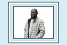 A headshot of Adedamola Adenekan is placed in a graphic design of blue and pink rectangles. (Photo of Rea courtesy of Adedamola Adenekan.)
