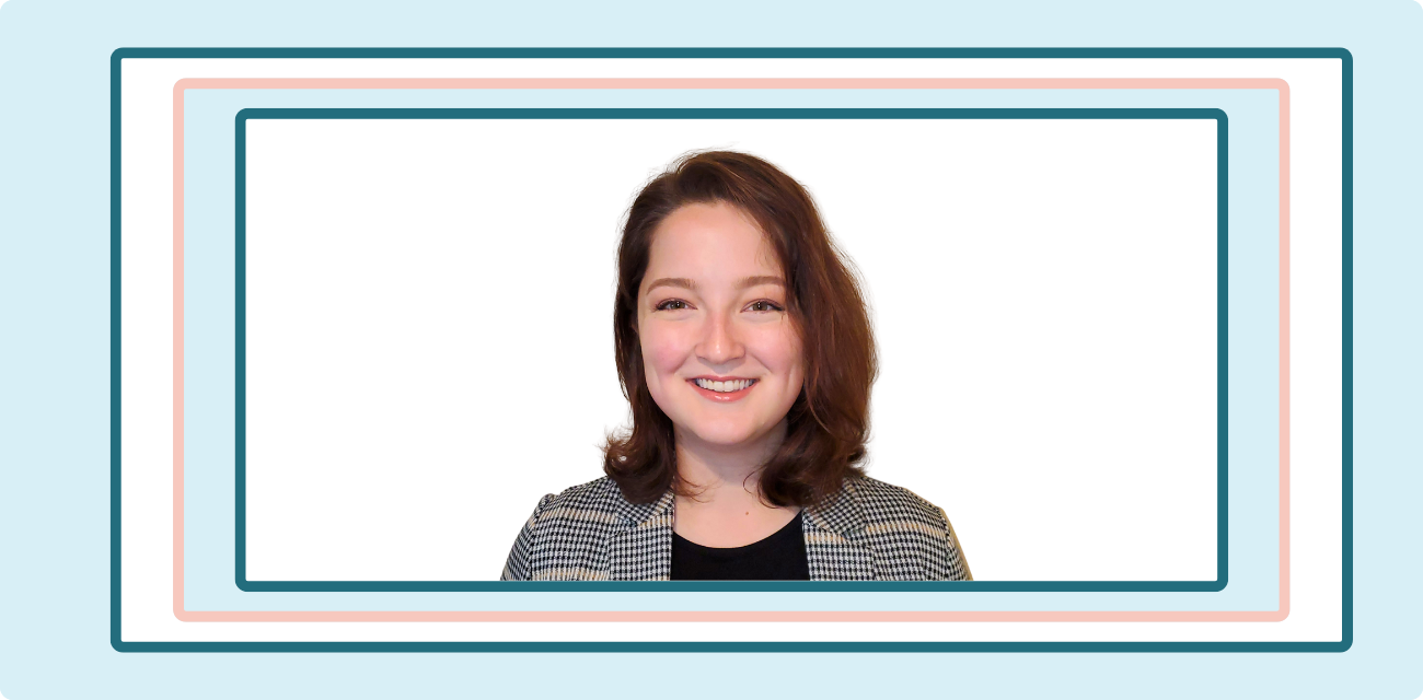 A headshot of Meaghan Rea is incorporated into a graphic design featuring pink and blue rectangles.