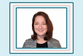 A headshot of Meaghan Rea is incorporated into a graphic design featuring pink and blue rectangles.