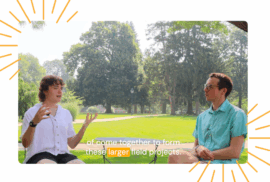 Bonnie Lord, left, talks to Beau Brockett about solar farms during the Common Groundwater podcast while on The Quad of Albion College.